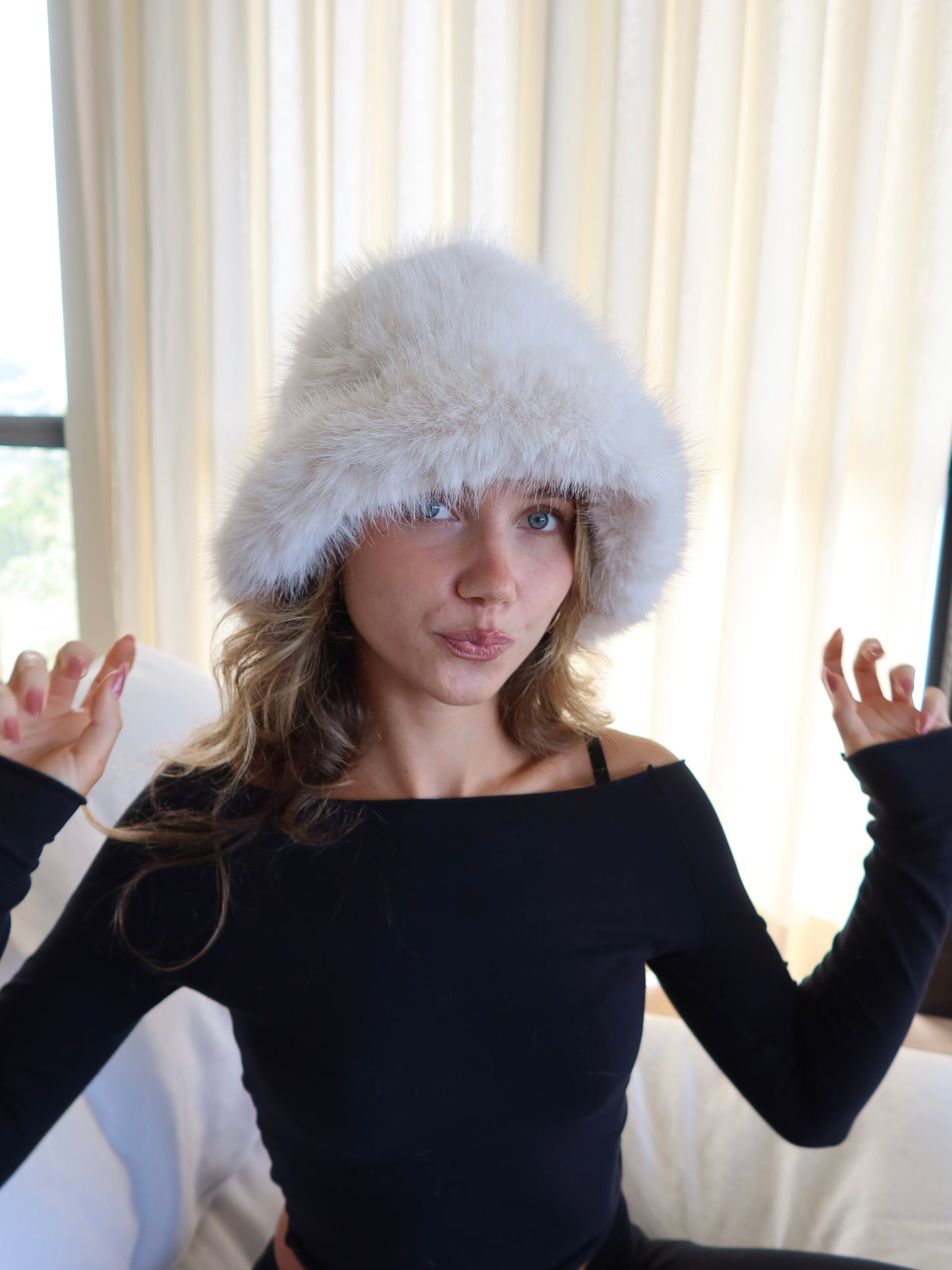 White Heavenly Fuzzy Bucket Hat